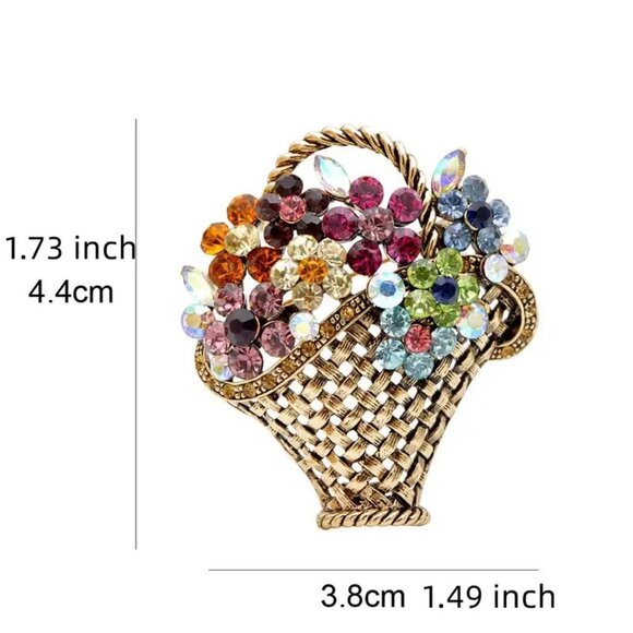 Flower Brooch Bouquet Basket Rhinestone Pin Gems Crystal Colorful Stylish Glam - Picture 4 of 4